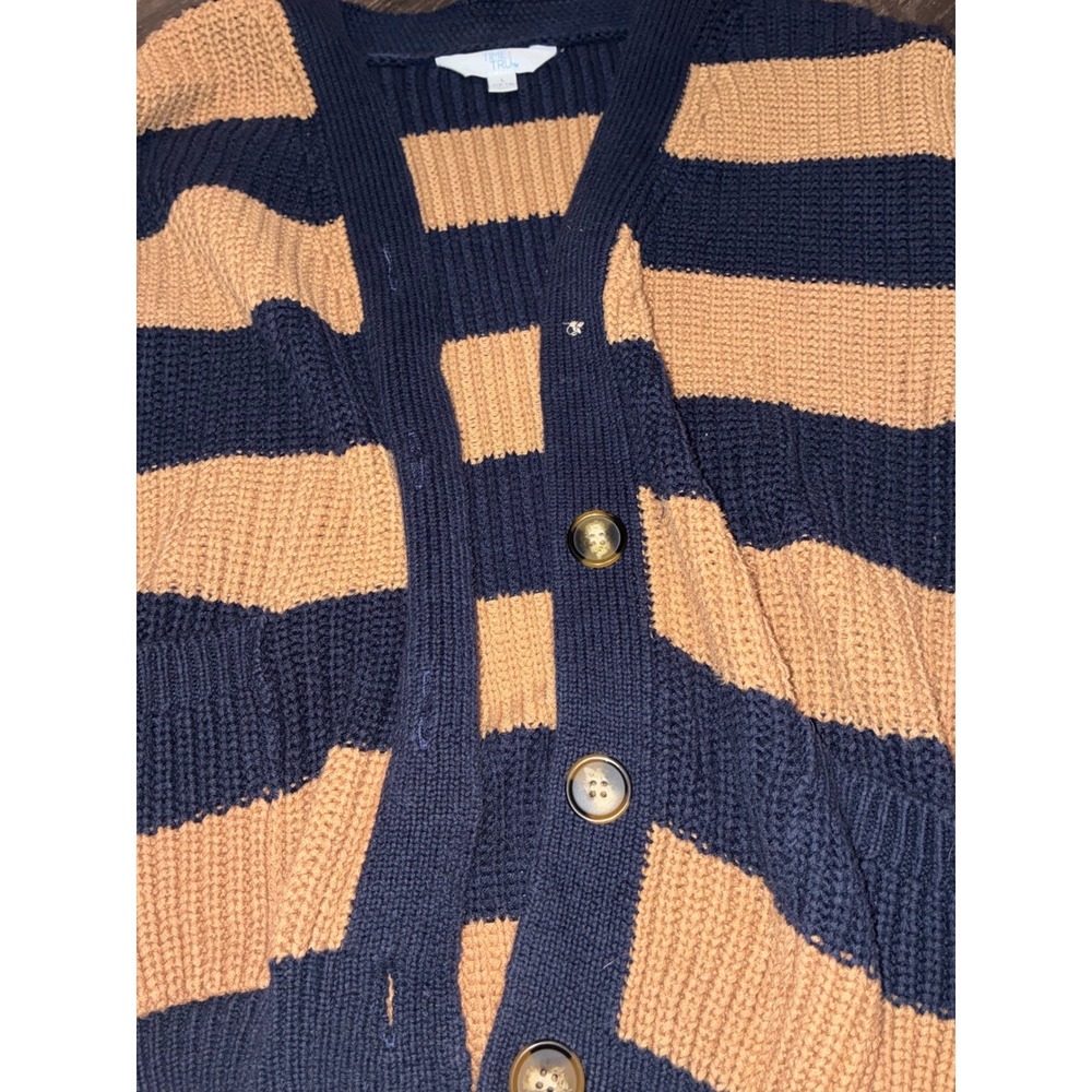 Time and Tru Womens Striped Chunky Knit Cardigan Navy Tan Pink Large 12-14 - Picture 3 of 3